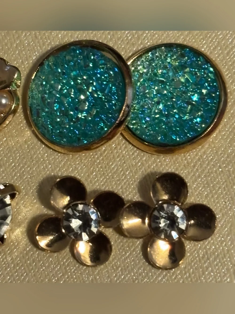Gold-Tone Earring Set of 6 Pairs with Turquoise Druzy and Crystal Accents